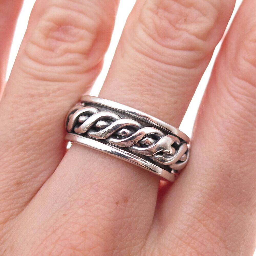 925 Sterling Silver Vintage Woven Oxidized Rotating Band Ring Size 8